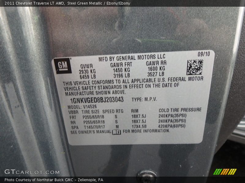 Steel Green Metallic / Ebony/Ebony 2011 Chevrolet Traverse LT AWD