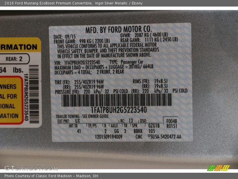 Ingot Silver Metallic / Ebony 2016 Ford Mustang EcoBoost Premium Convertible