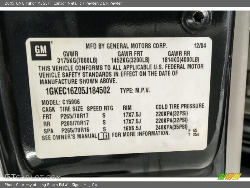 Carbon Metallic / Pewter/Dark Pewter 2005 GMC Yukon XL SLT