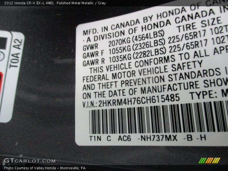 Polished Metal Metallic / Gray 2012 Honda CR-V EX-L 4WD