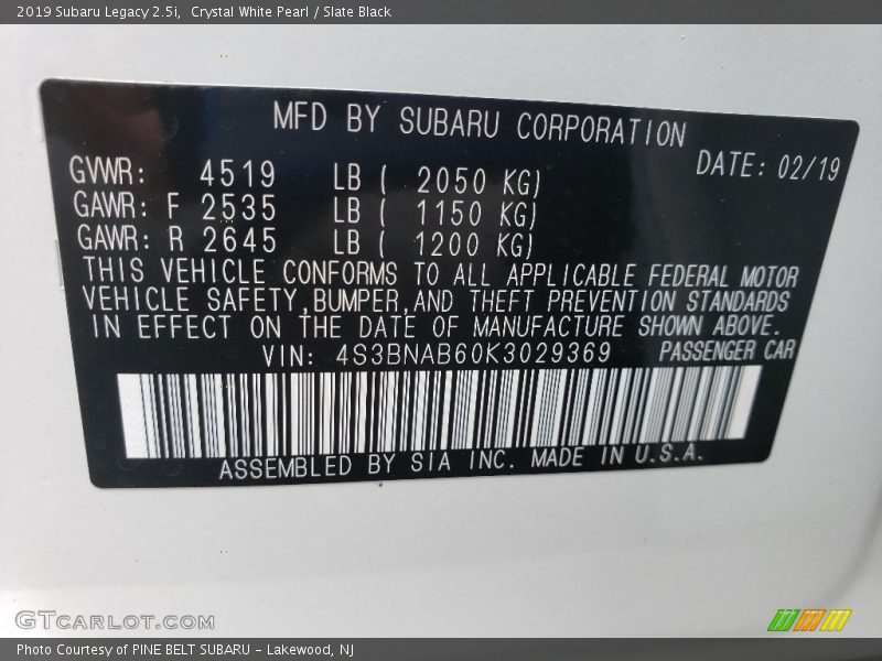 Crystal White Pearl / Slate Black 2019 Subaru Legacy 2.5i