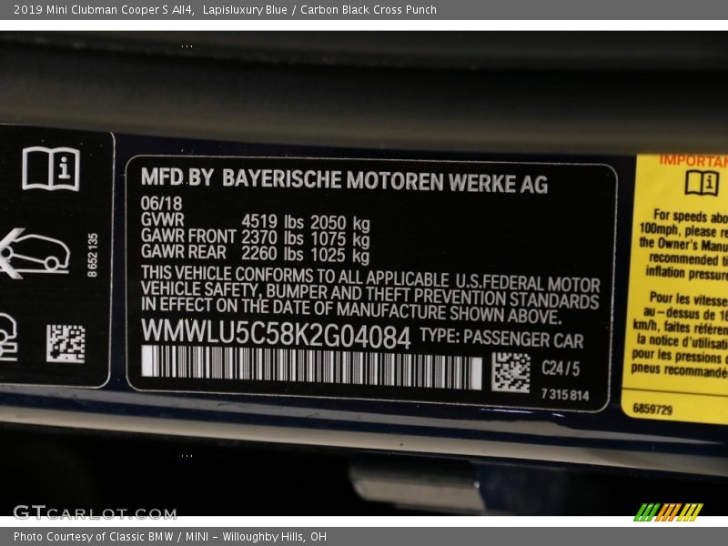 2019 Clubman Cooper S All4 Lapisluxury Blue Color Code C24