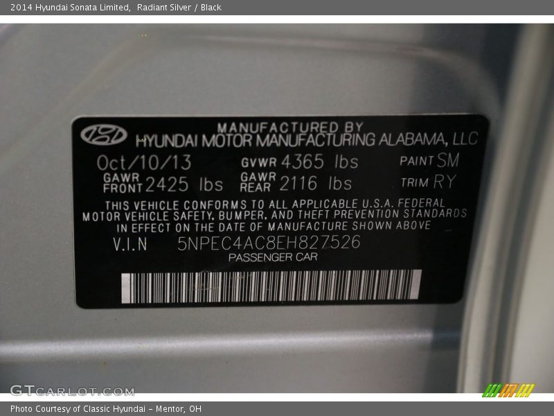 Radiant Silver / Black 2014 Hyundai Sonata Limited