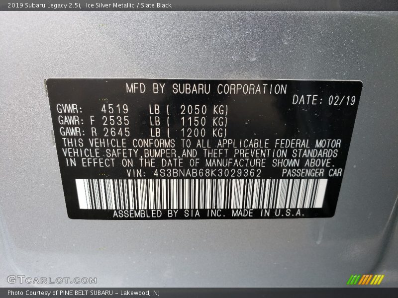 Ice Silver Metallic / Slate Black 2019 Subaru Legacy 2.5i
