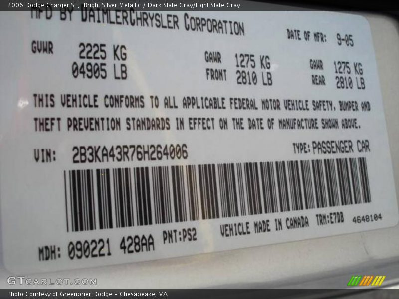 Bright Silver Metallic / Dark Slate Gray/Light Slate Gray 2006 Dodge Charger SE