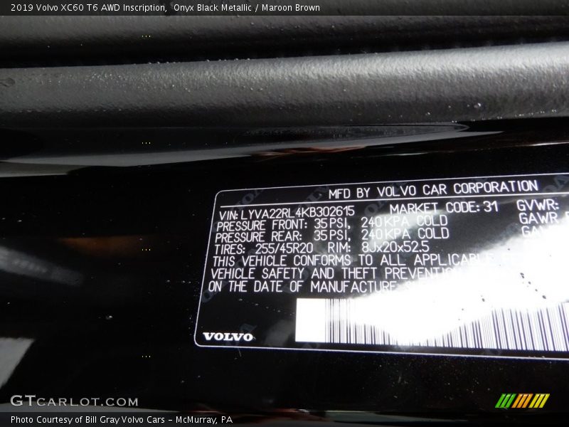 Onyx Black Metallic / Maroon Brown 2019 Volvo XC60 T6 AWD Inscription