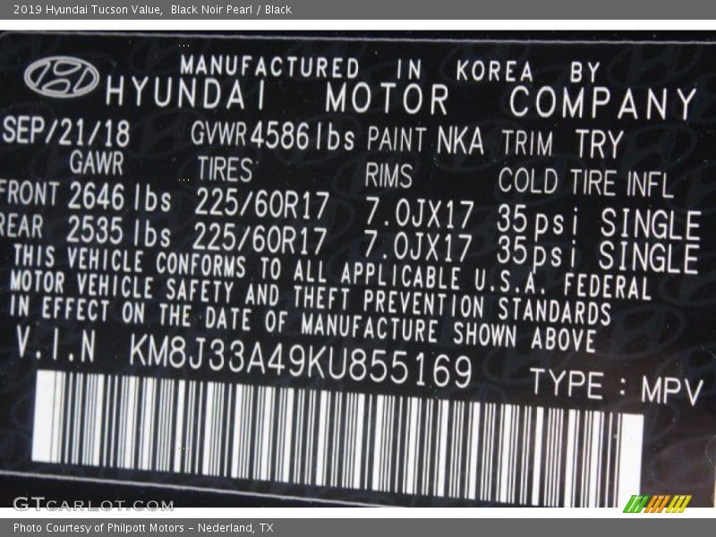 Black Noir Pearl / Black 2019 Hyundai Tucson Value