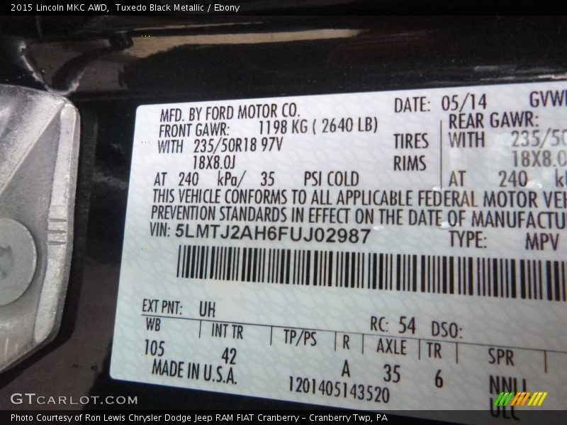 Tuxedo Black Metallic / Ebony 2015 Lincoln MKC AWD
