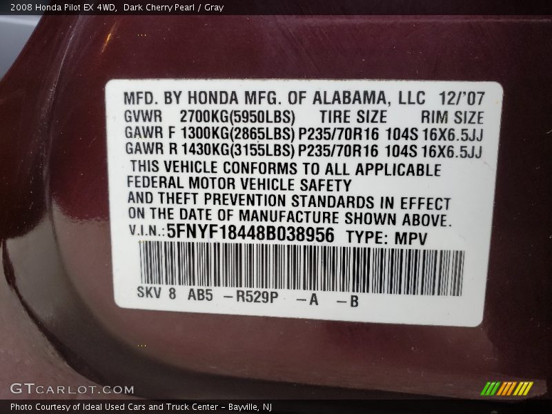 Dark Cherry Pearl / Gray 2008 Honda Pilot EX 4WD