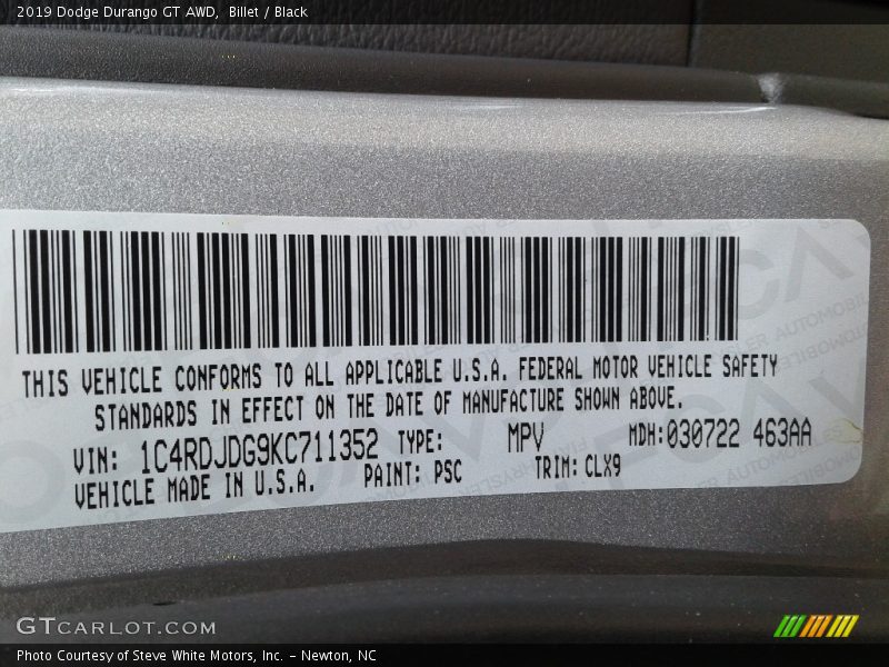 Billet / Black 2019 Dodge Durango GT AWD