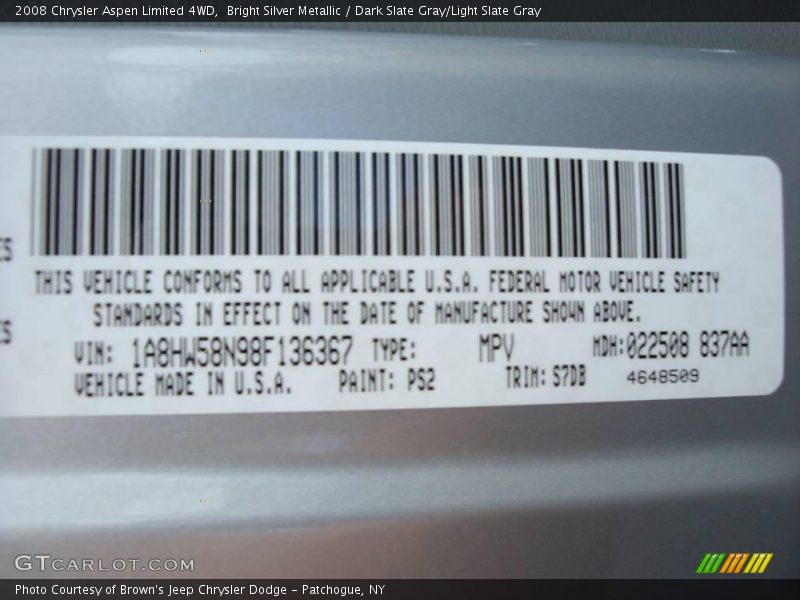 Bright Silver Metallic / Dark Slate Gray/Light Slate Gray 2008 Chrysler Aspen Limited 4WD