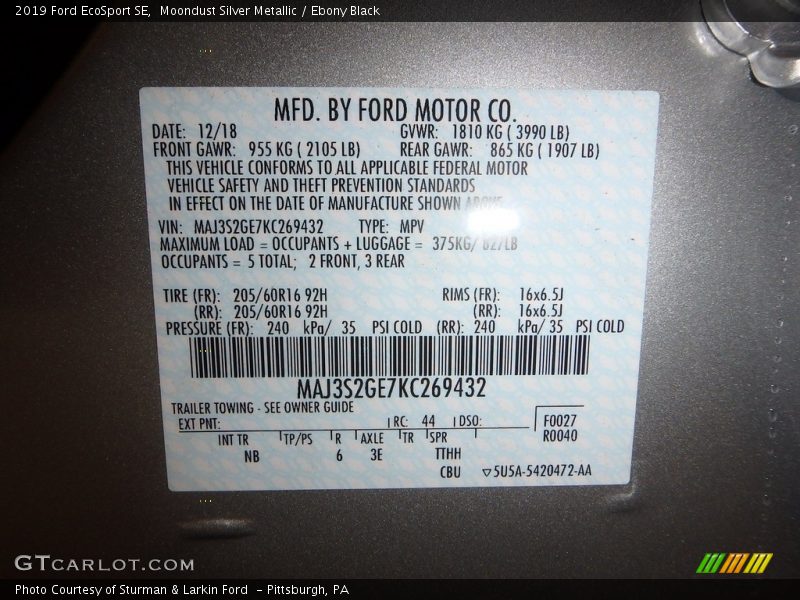 Moondust Silver Metallic / Ebony Black 2019 Ford EcoSport SE