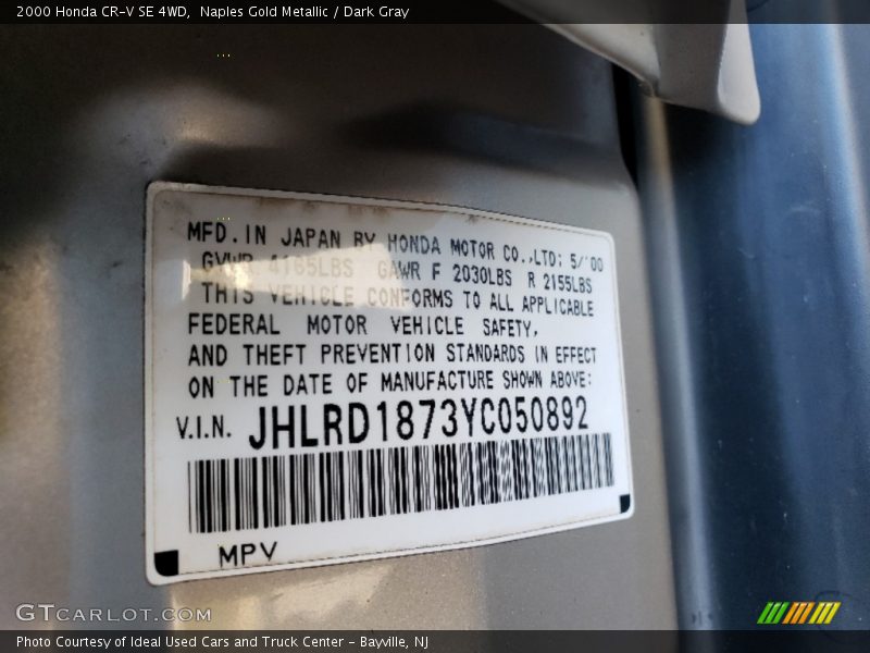 Naples Gold Metallic / Dark Gray 2000 Honda CR-V SE 4WD