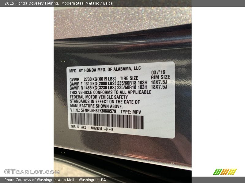 Modern Steel Metallic / Beige 2019 Honda Odyssey Touring