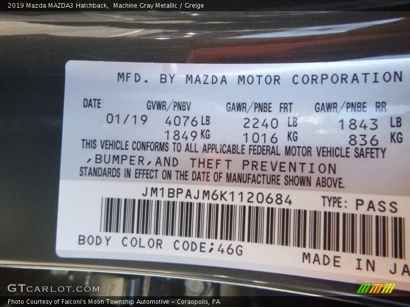 2019 MAZDA3 Hatchback Machine Gray Metallic Color Code 46G