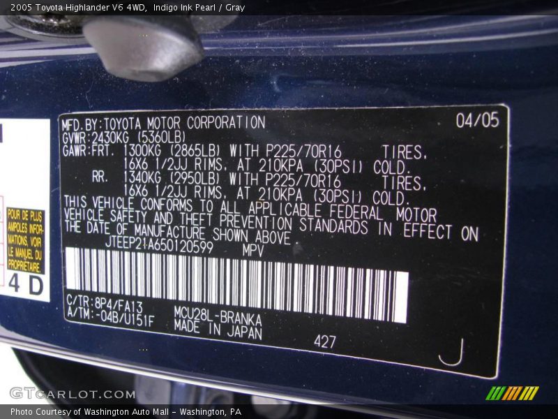 Indigo Ink Pearl / Gray 2005 Toyota Highlander V6 4WD