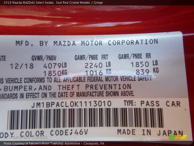 2019 MAZDA3 Select Sedan Soul Red Crystal Metallic Color Code 46V