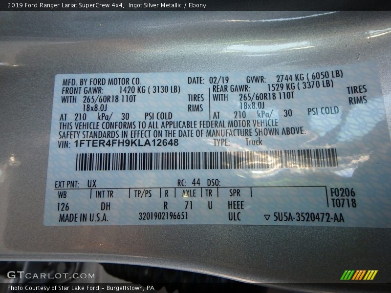 Ingot Silver Metallic / Ebony 2019 Ford Ranger Lariat SuperCrew 4x4