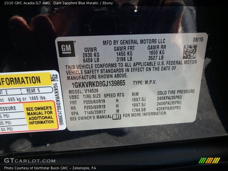 Dark Sapphire Blue Metallic / Ebony 2016 GMC Acadia SLT AWD