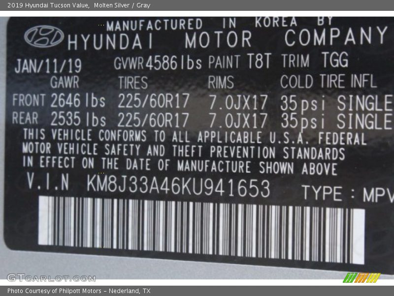 Molten Silver / Gray 2019 Hyundai Tucson Value