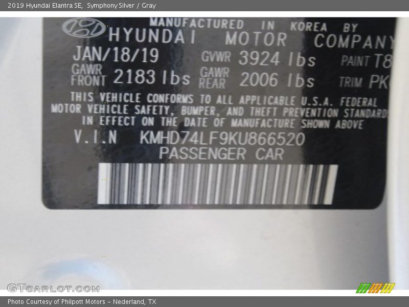 Symphony Silver / Gray 2019 Hyundai Elantra SE