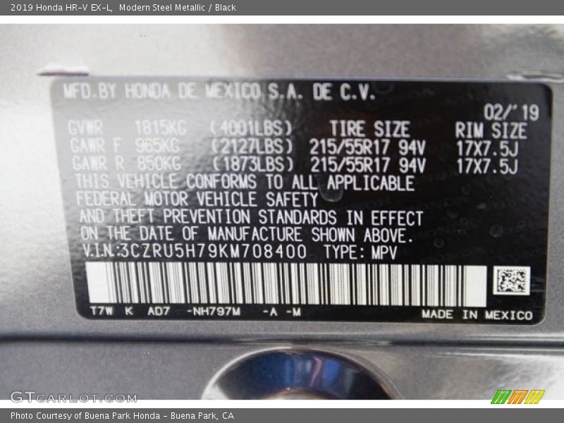 2019 HR-V EX-L Modern Steel Metallic Color Code NH797M