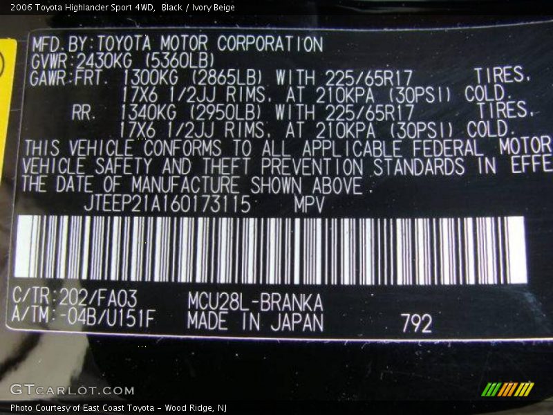 Black / Ivory Beige 2006 Toyota Highlander Sport 4WD