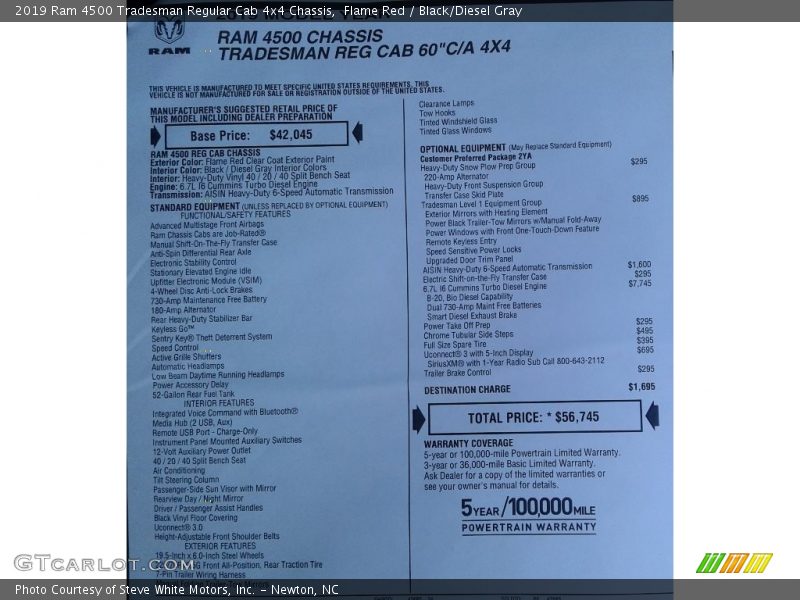  2019 4500 Tradesman Regular Cab 4x4 Chassis Window Sticker