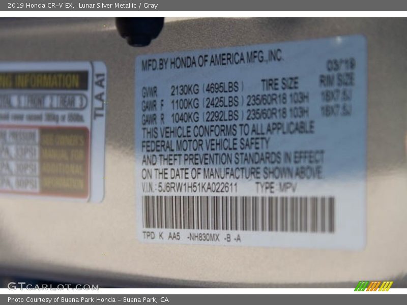 Lunar Silver Metallic / Gray 2019 Honda CR-V EX