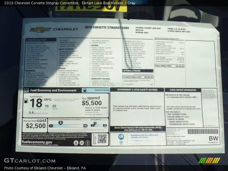 Elkhart Lake Blue Metallic / Gray 2019 Chevrolet Corvette Stingray Convertible