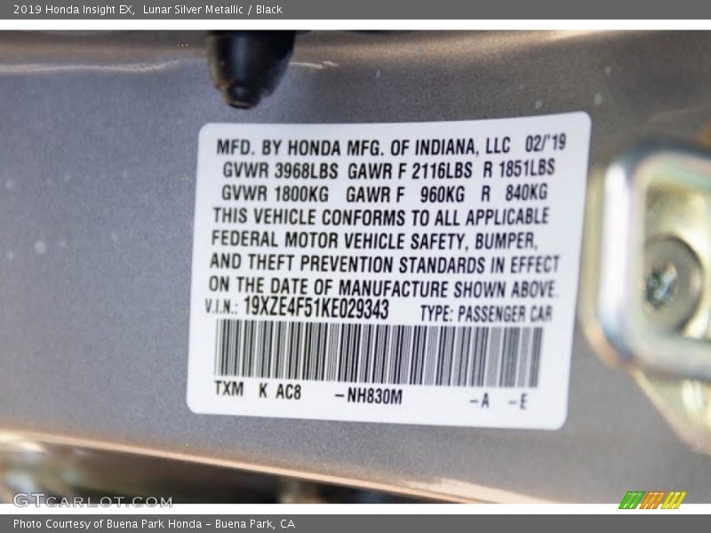 Lunar Silver Metallic / Black 2019 Honda Insight EX