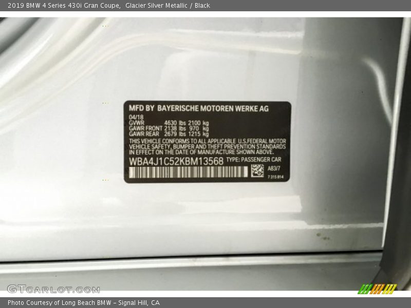Glacier Silver Metallic / Black 2019 BMW 4 Series 430i Gran Coupe