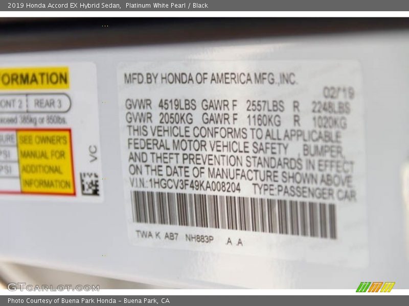 Platinum White Pearl / Black 2019 Honda Accord EX Hybrid Sedan
