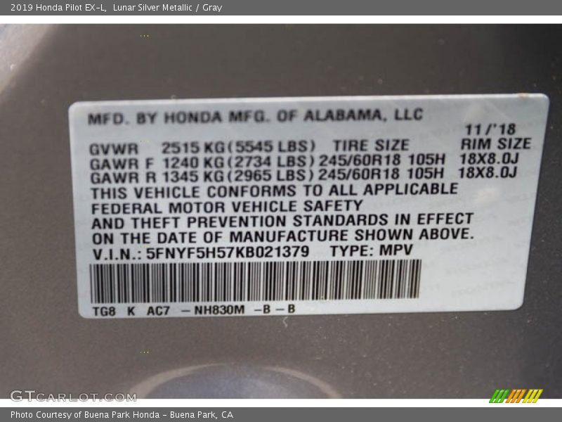 Lunar Silver Metallic / Gray 2019 Honda Pilot EX-L