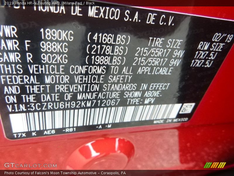 2019 HR-V Touring AWD Milano Red Color Code R81