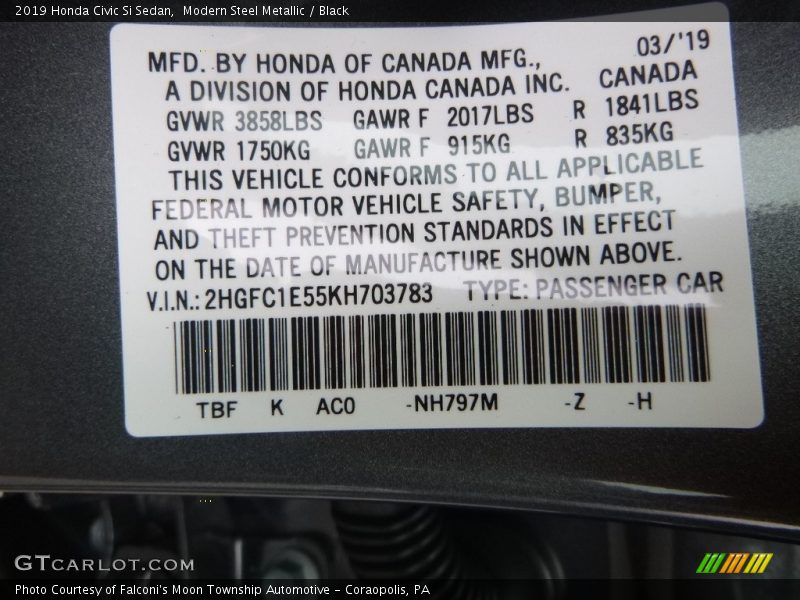 Modern Steel Metallic / Black 2019 Honda Civic Si Sedan