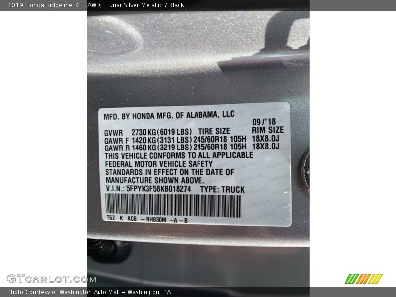 Lunar Silver Metallic / Black 2019 Honda Ridgeline RTL AWD