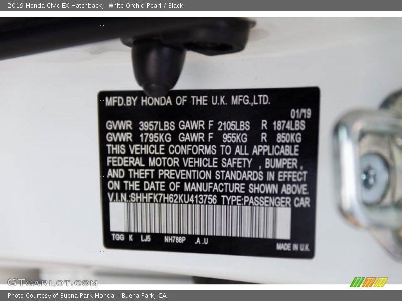 White Orchid Pearl / Black 2019 Honda Civic EX Hatchback