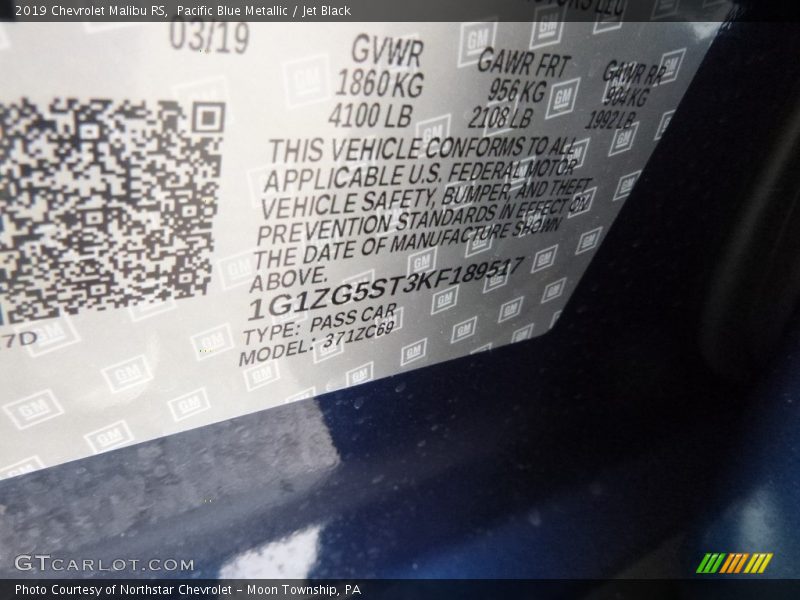 Pacific Blue Metallic / Jet Black 2019 Chevrolet Malibu RS