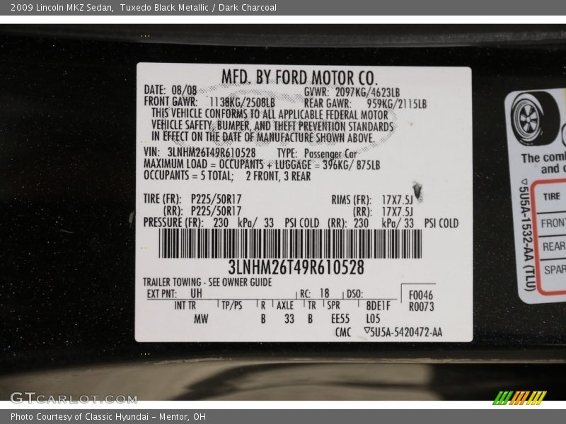 Tuxedo Black Metallic / Dark Charcoal 2009 Lincoln MKZ Sedan