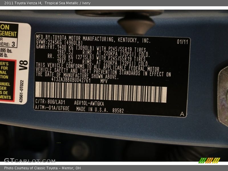 Tropical Sea Metallic / Ivory 2011 Toyota Venza I4