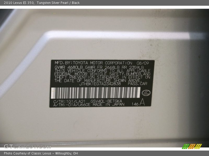Tungsten Silver Pearl / Black 2010 Lexus ES 350