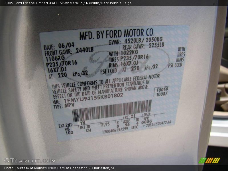 Silver Metallic / Medium/Dark Pebble Beige 2005 Ford Escape Limited 4WD