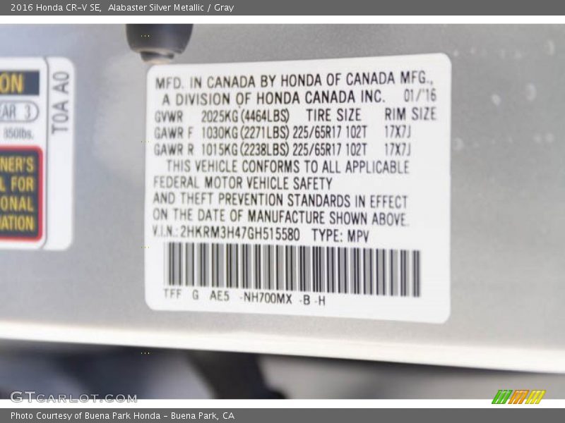 Alabaster Silver Metallic / Gray 2016 Honda CR-V SE