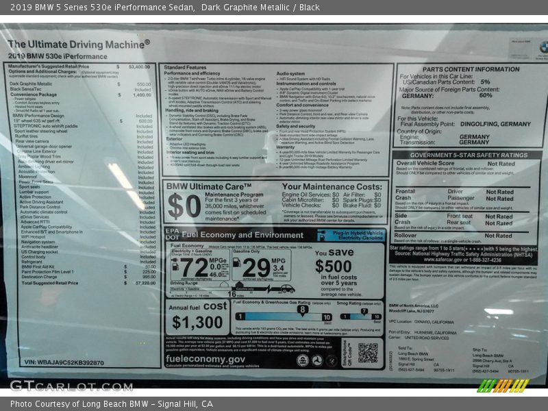 Dark Graphite Metallic / Black 2019 BMW 5 Series 530e iPerformance Sedan