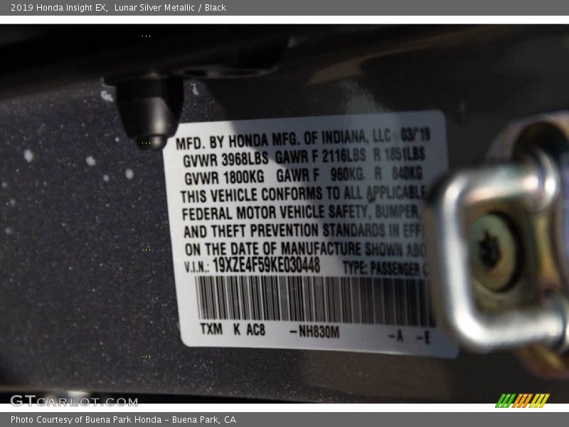 Lunar Silver Metallic / Black 2019 Honda Insight EX