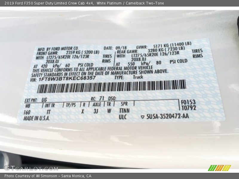 2019 F350 Super Duty Limited Crew Cab 4x4 White Platinum Color Code UG