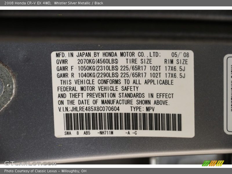 Whistler Silver Metallic / Black 2008 Honda CR-V EX 4WD