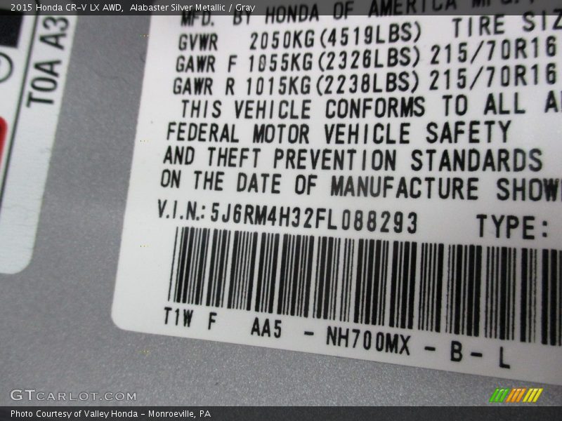 Alabaster Silver Metallic / Gray 2015 Honda CR-V LX AWD
