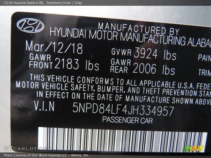 Symphony Silver / Gray 2018 Hyundai Elantra SEL